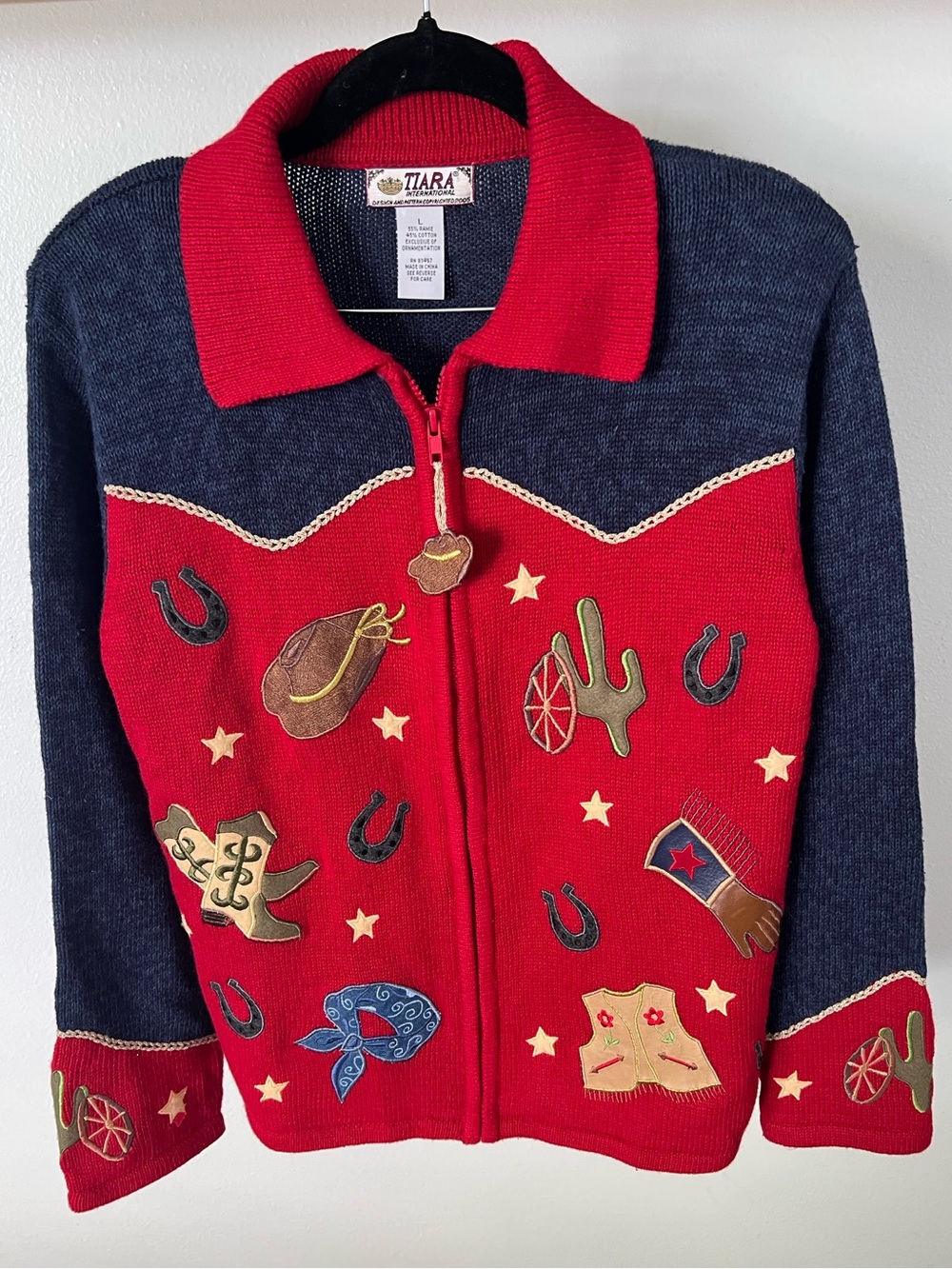 Tiara Intl Full Zip Cardigan Cowboy Boots Sweater L Western Rodeo Southwestern